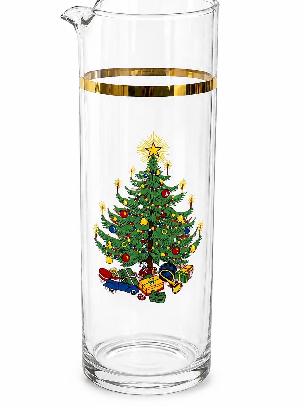 Clear Glass Holiday Pitcher with Gold Band and Green Christmas Tree